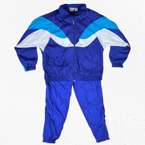 90s Vintage Colorblock Track Set Y2K Blue White Windbreaker Joggers Size Medium - Picture 2 of 16
